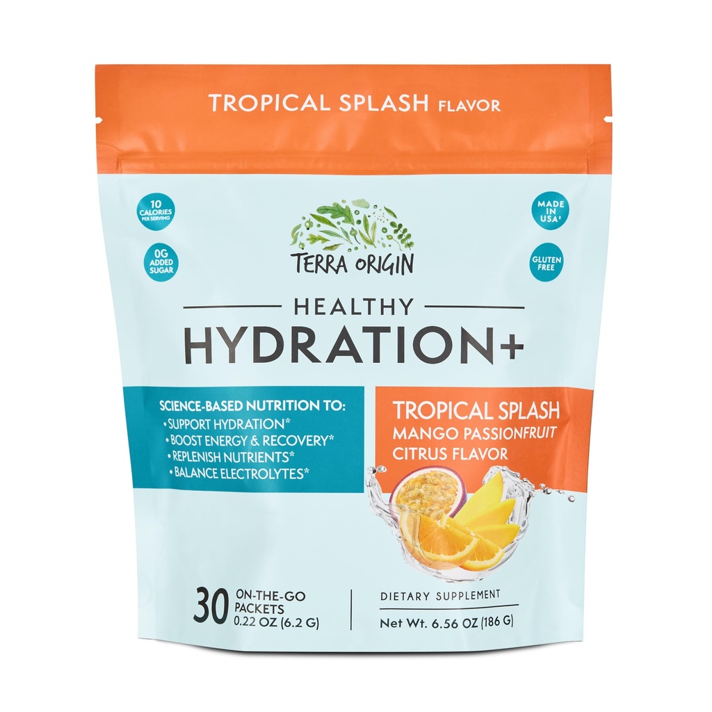 TERRA ORIGIN Healthy Hydration+ Tropical Splash Electrolyte Powder Packets | After Alcohol Aid with DHM | Mango Passionfruit Citrus Flavor | 30 On The Go Packs