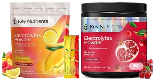KEY NUTRIENTS Electrolytes Powder Bundle, Cherry Pom 90 Servings + Electrolyte Powder Packets Variety Pack 10 Count, Sugar Free Hydration Drink Mix with Vitamins & Minerals, No Calories