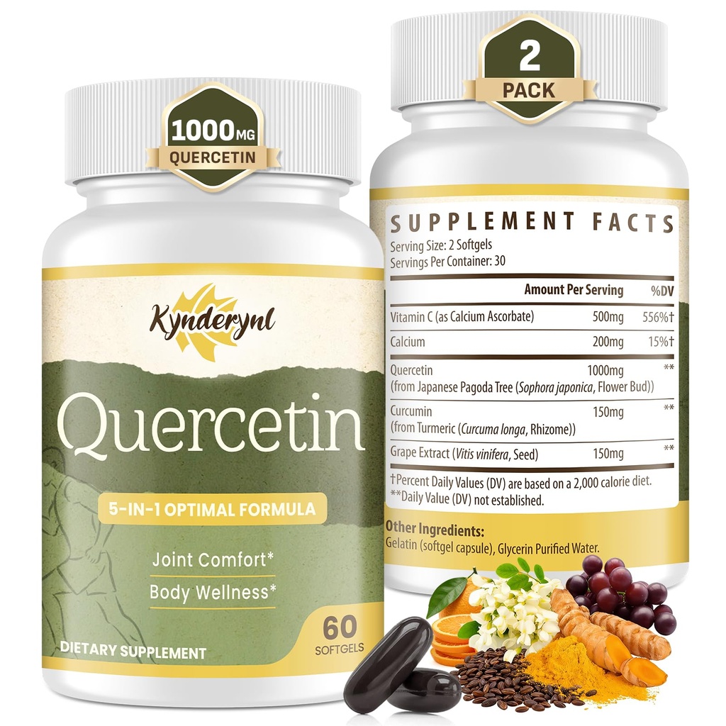 Quercetin Supplement 1000mg Softgels – Joint Health Supplement for Mobility, Flexibility & Antioxidant Boost with Turmeric, Grape Seed Extract & Non-Acidic Vitamin C – 60 Vegan Softgels – 2Pack
