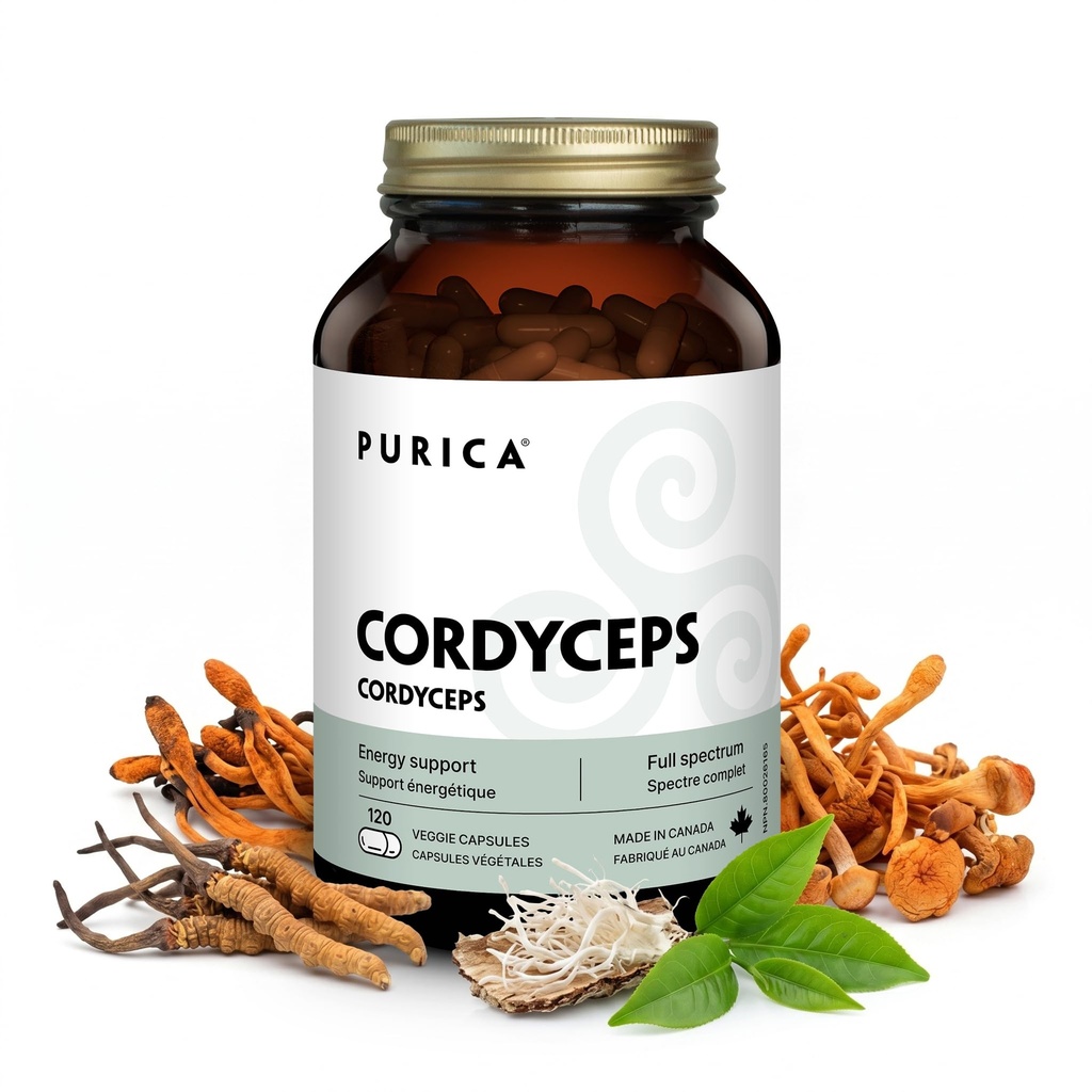 PURICA Cordyceps Mushroom Supplements 120 Vegan Caps 30-Day Supply, Supports Energy, Vitality, Respiratory Wellness, Kidney Care, Lung Strength, Soothing Comfort, Non-GMO, Gluten-Free & Easy to Digest