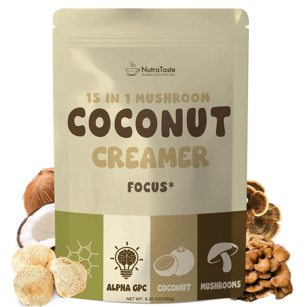 15-in-1 Mushroom Coconut Creamer | Immunity Support with Adaptogens Mushroom Lion's Mane, Cordyceps, MCT & Ashwagandha | Plant-Based, Keto-Friendly | Energy & Focus, 6.35 oz