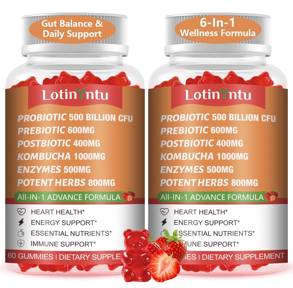 2 Pack 6-in-1 Probiotic Kombucha Gummies 500 Billion CFU | with Probiotic, Prebiotics, Postbiotics, Digestive Enzymes & Herbal Blend | Supports Digestive Wellness, Immunity, Metabolism