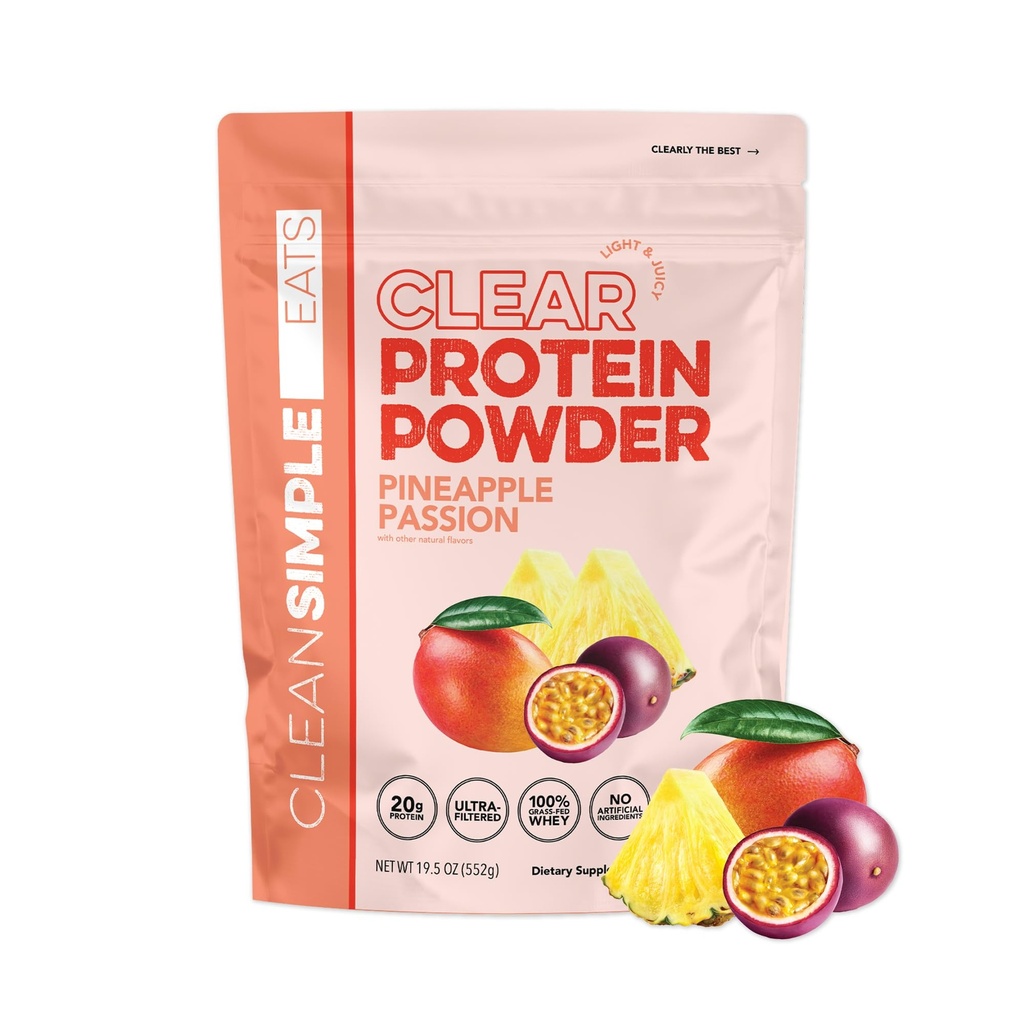 Clean Simple Eats Clear Protein Drinks, 20g Grass Fed Whey Protein Isolate, Ultra Filtered, Light & Refreshing Beverage, Low Lactose, Pineapple Passion, 20 Servings
