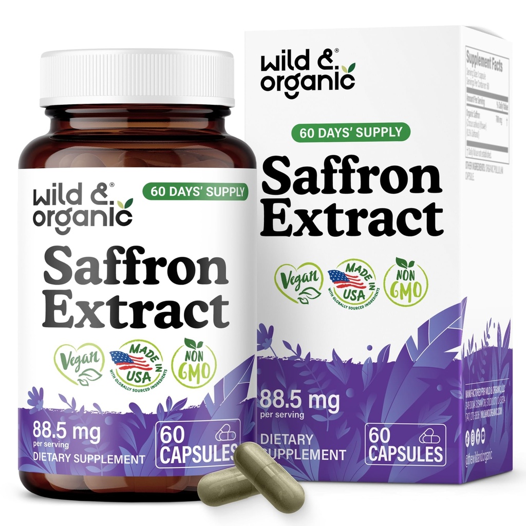 Wild & Organic Saffron Capsules 88.5 mg - Mood, Focus, Eye Support - Natural Saffron Supplements - Crocus Sativus Extract - 60 Days of Supply - Vegan, Non-GMO - 60 Count