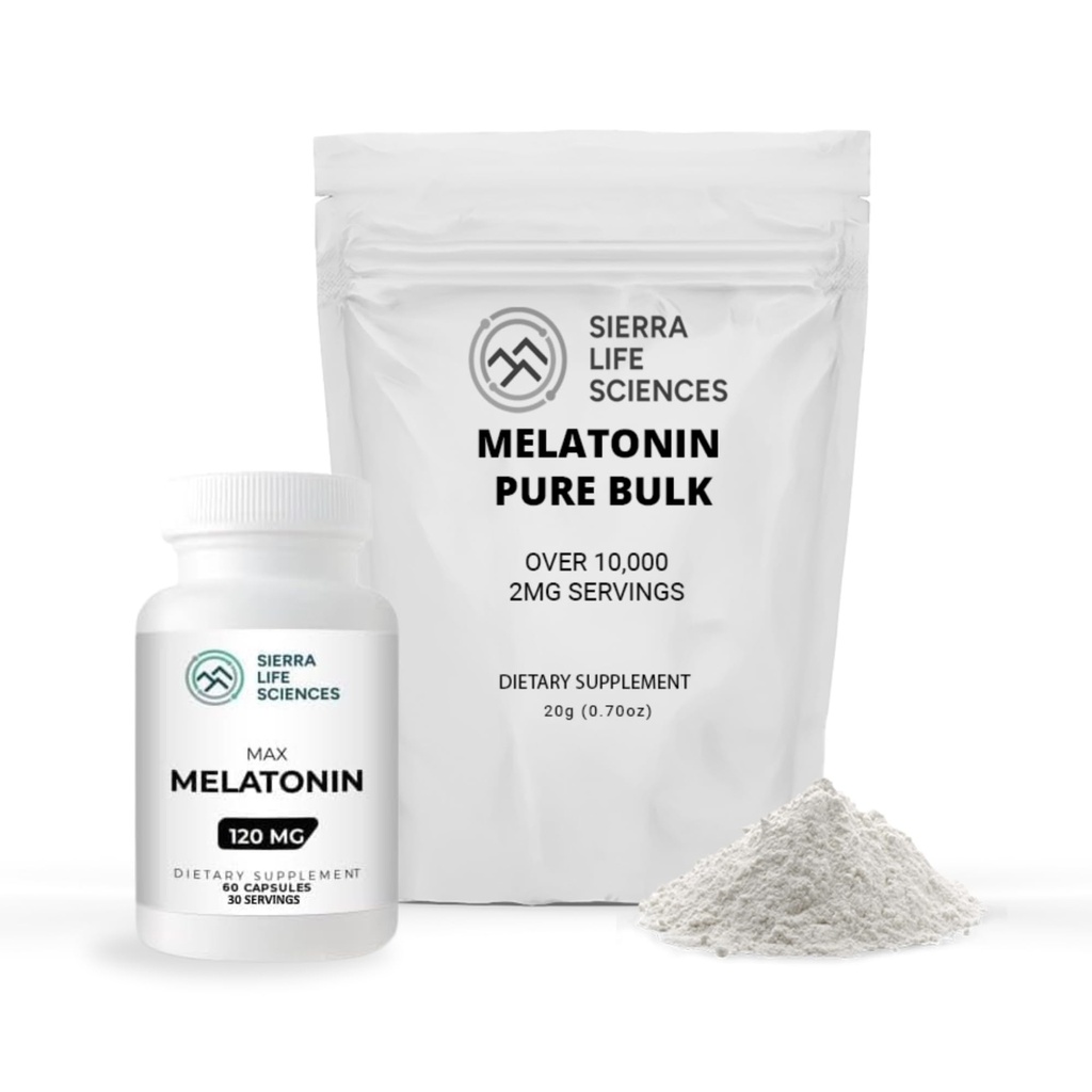 Melatonin Max Bundle | 120mg Capsules & Bulk Powder | Natural Sleep Aid with Custom Dosing | 10,000 Servings Powder + 60 Capsules | High-Dosage Supplement