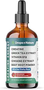 Creatine Monohydrate and Vitamin B12 Drops - With Beet Root Powder, Organic Green Tea & Ginseng - Vegan, Faster Absorption than Creatine Gummies - Energy & Vitality Support (Strawberry Lemonade, 60mL)