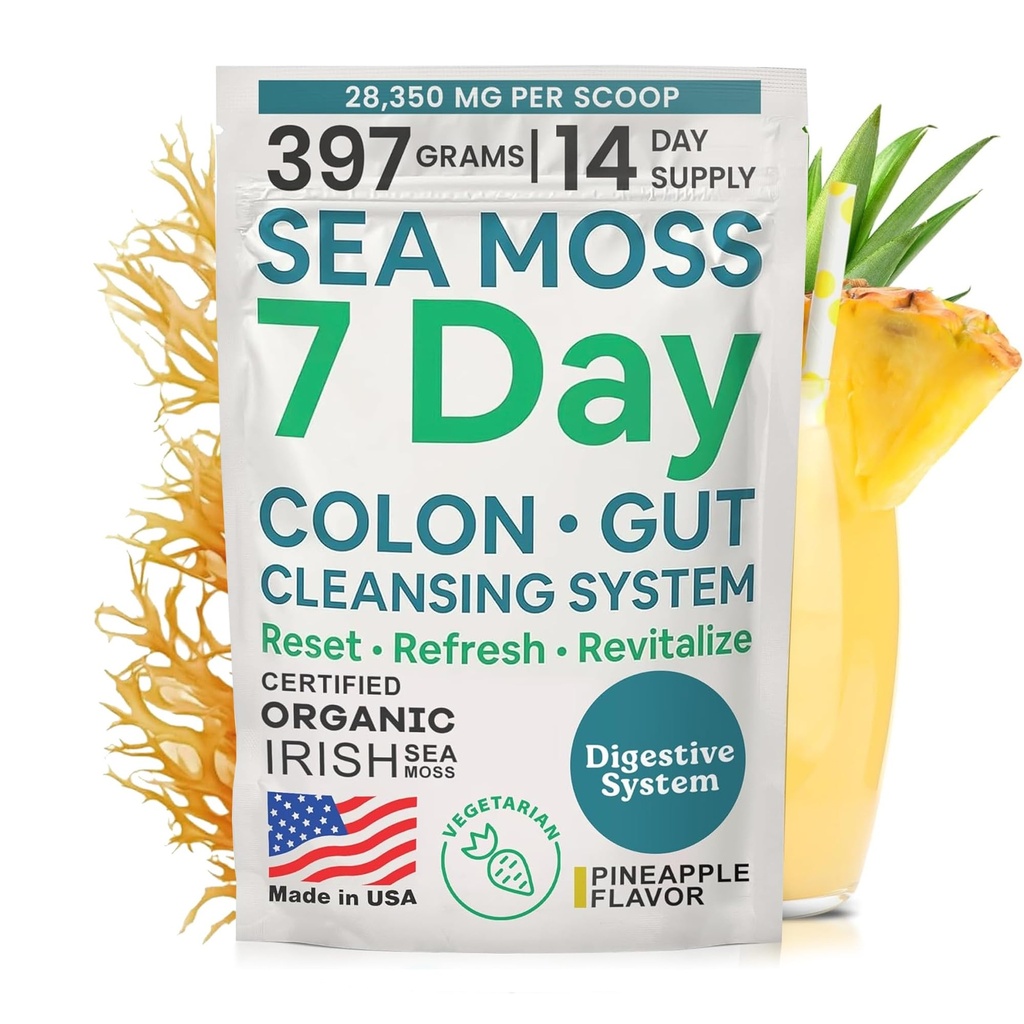 Atlantic Naturals Sea Moss 7-Colon Cleanse Powder | Formulated with Psyllium Husk, Fiber, & Senna Powder | Supports Immune & Gut Health for Women & Men, Pineapple Flavor Drink Mix, 14 oz