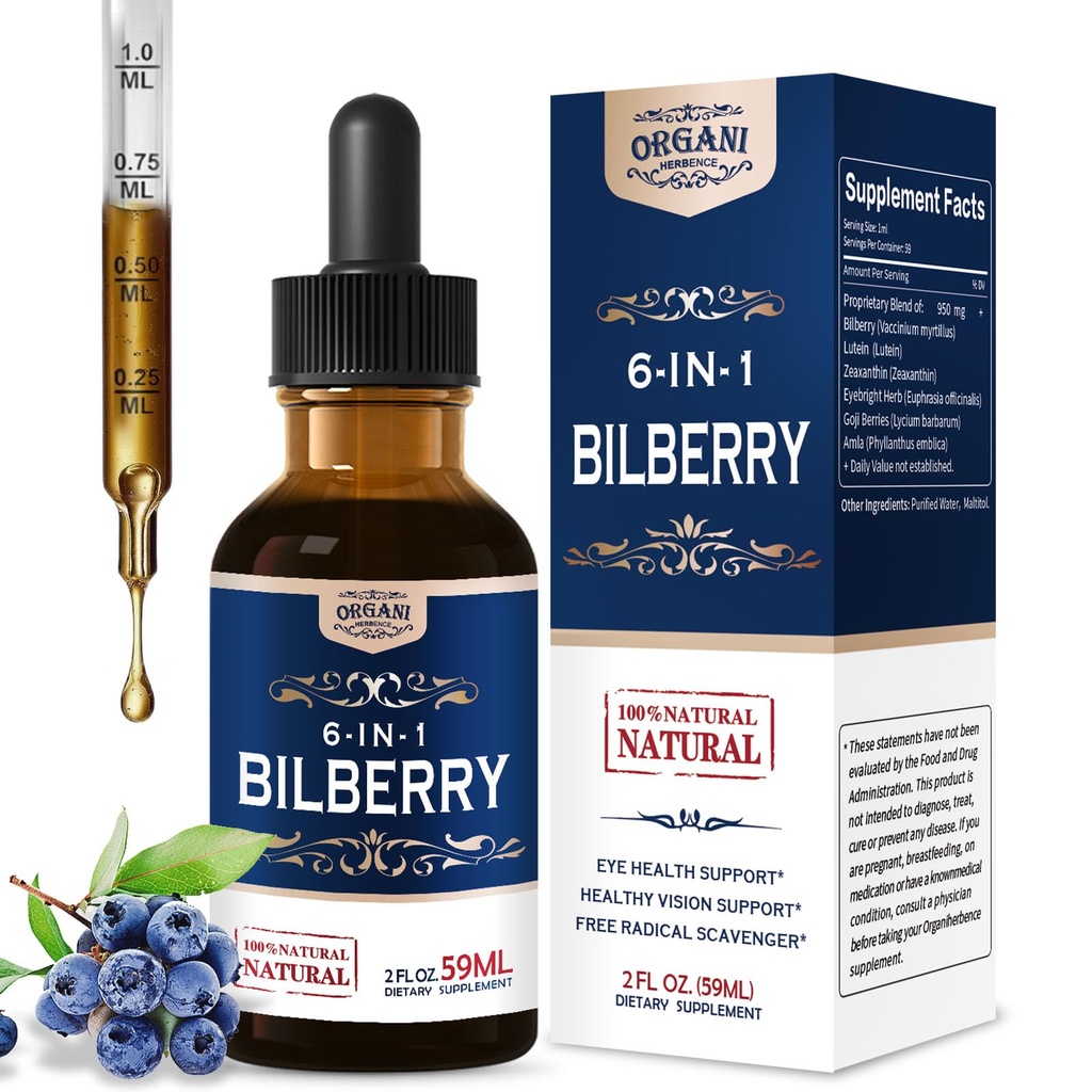 Bilberry Extract Supplement for Eye Health, 6-in-1 Herbal Formula Liquid Drops to Support Eye Strain, Dry Eyes, and Vision Health, Blend with Lutein Zeaxanthin & Eyebright Herb. 2oz