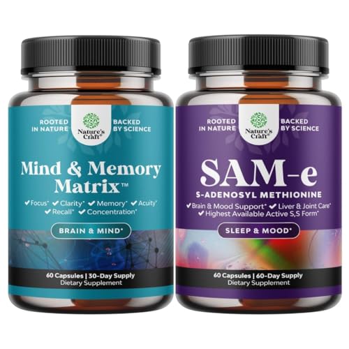 Bundle of Nootropic Brain Supplement - Mental Health & Clarity with VIT A B6 Riboflavin Niacin Thiamin Folate and Sam-E 200mg Mood Support Supplement - S-Adenosyl Methionine for Natural Relaxing Mood