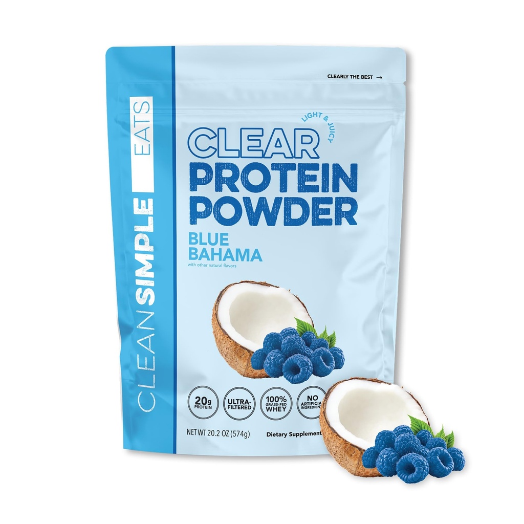 Clean Simple Eats Clear Protein Drinks, 20g Grass Fed Whey Protein Isolate, Ultra Filtered, Light & Refreshing Beverage, Low Lactose, Blue Bahama Flavor, 20 Servings