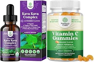 Bundle of Potent Liquid Kava Kava Drops Supplement with Kavalactones for Balanced Mood and Chewable Vitamin C Gummies for Adults - Ascorbic Acid Natural Immune Booster and Natural Cold Remedy
