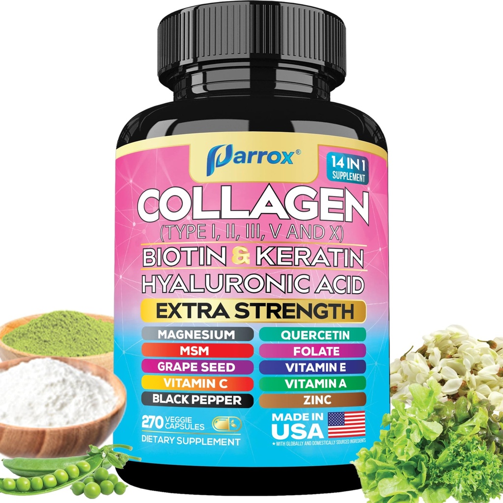 Collagen Peptides Types I, II, III, V & X, MCG Biotin, Keratin, Hyaluronic Acid, MSM, Zinc, Grape Seed Extract, Quercetin, Vitamin A, Vitamin C, Vitamin E, Magnesium, Folic Acid (270 Capsules)