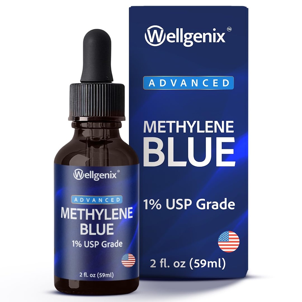 Wellgenix Methylene Blue Drops 1% USP Grade – Pharmaceutical Grade Cognitive Function & Cellular Energy Support Supplement | Formaldehyde-Free Liquid in Amber Glass Bottle with Glass Dropper – 2 fl oz