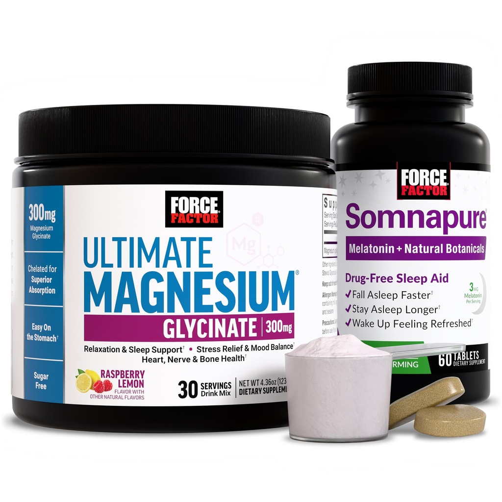 Bundle of Force Factor Somnapure Drug-Free Sleep Aid for Adults for with Melatonin & Valerian, 60 Tablets + Force Factor Ultimate Magnesium Glycinate Powder 300mg, Raspberry Lemon, 30 Servings