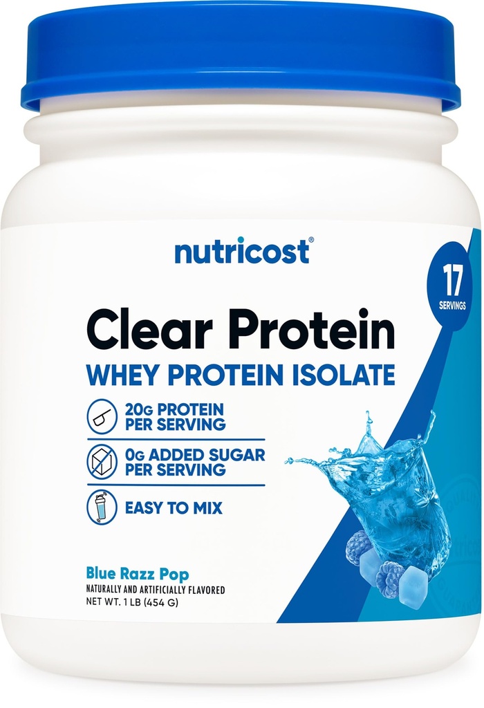 Nutricost Clear Whey Protein Isolate Powder (Blue Razz Pop) 1 LB - 20g Protein Per Serving, Zero Added Sugar, Easy-Mix WPI Drink, Gluten-Free, GMO-Free, 17 Servings