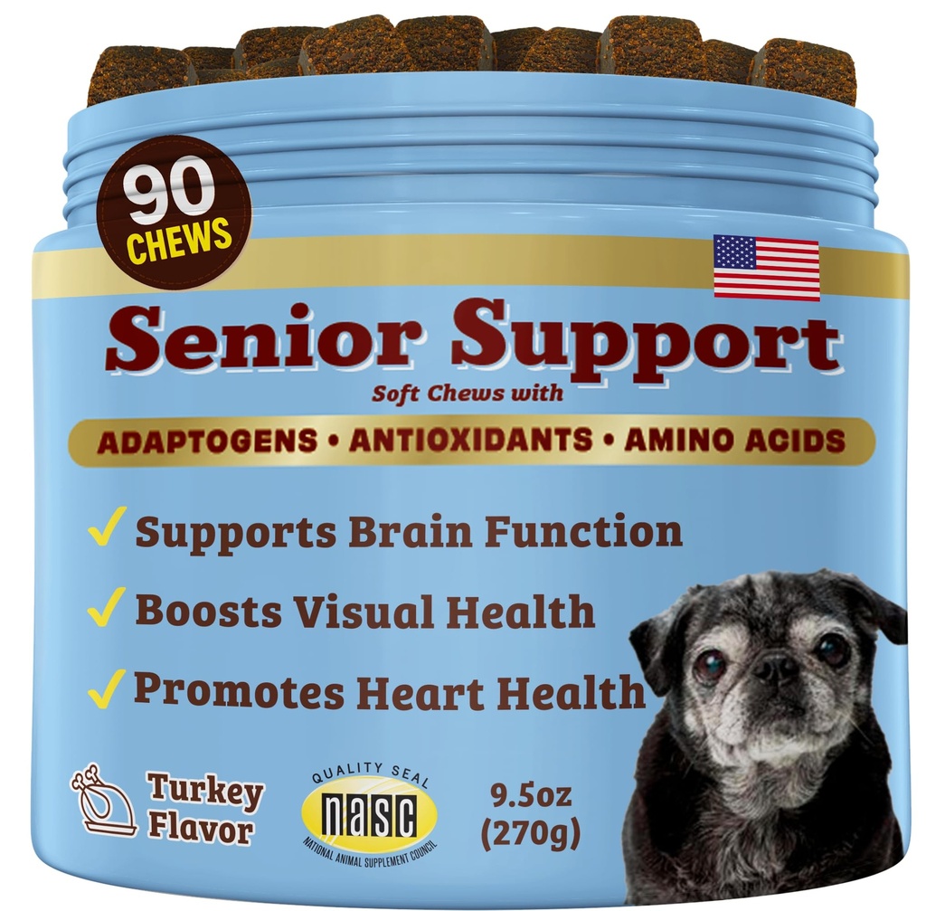 Natural Dog Company Senior Dog Vitamins Chew for Brain, Heart & Eye Health - Cognitive Support, Vision Clarity & Cardiovascular Function with Omega-3s, Lion’s Mane Senior Dog Supplements, 90 cnt