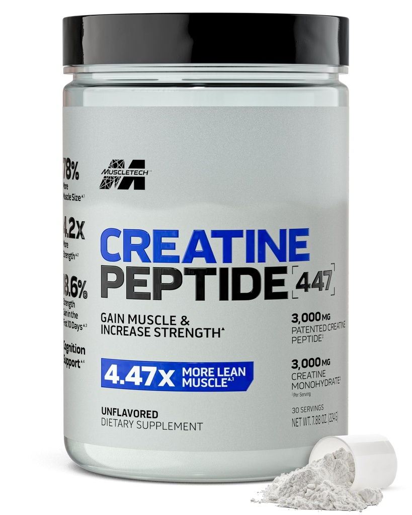 MuscleTech Creatine Peptide Powder - 3000mg of Creatine Monohydrate & Peptides for Lean Muscle Gain & Increased Strength - L-Tyrosine & L-Theanine Helps Support Cognitive Function - Unflavored, 447