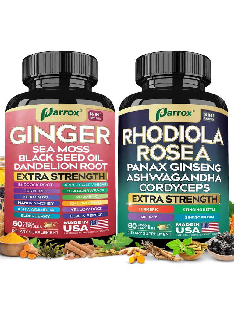 Dynamic Duo Herbal Bundle, Ginger, Rhodiola Rosea, Sea Moss, Ashwagandha, Black Seed Oil, Panax Ginseng, Turmeric, Dandelion, Cordyceps, Ginkgo Biloba, ACV, Elderberry, Manuka Honey