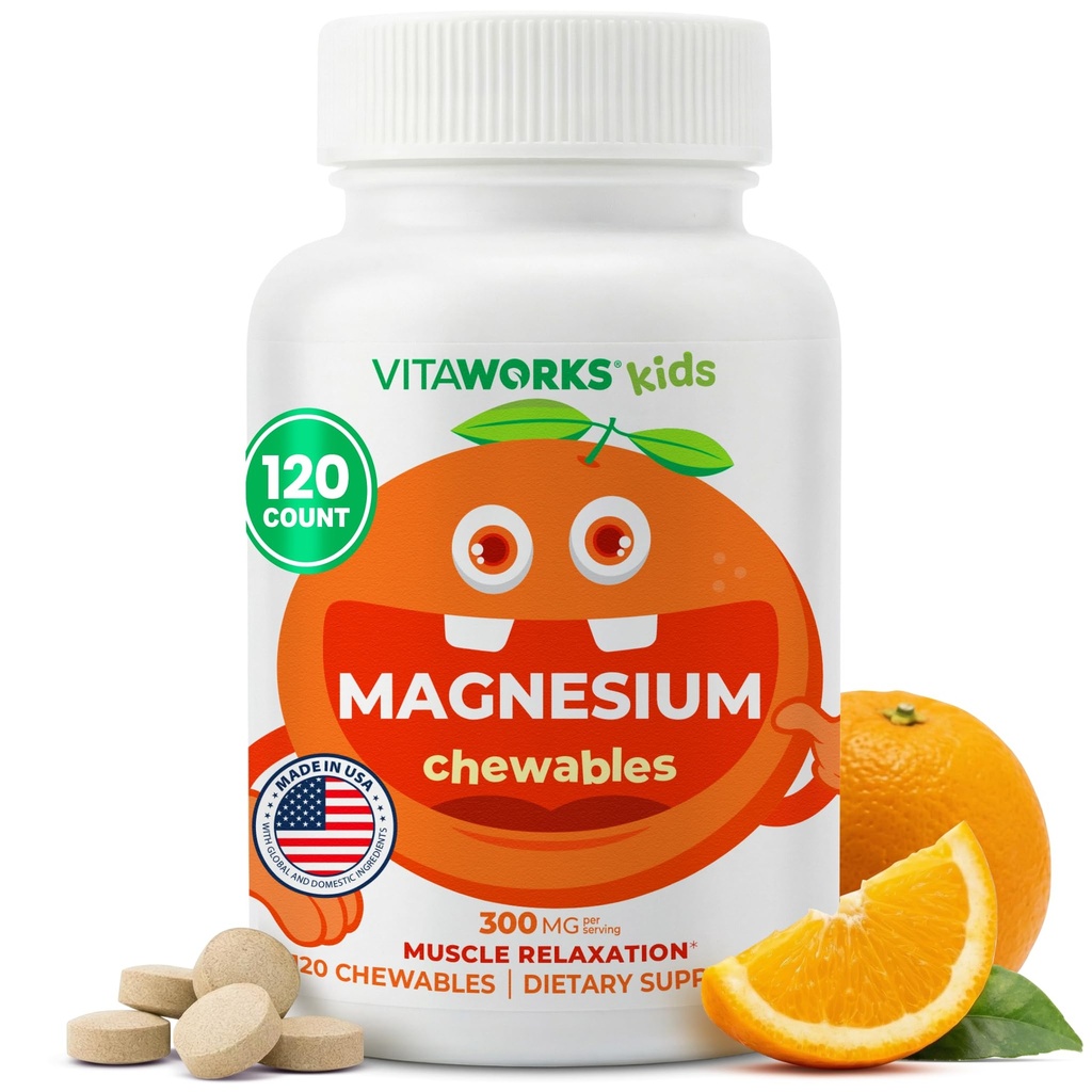 VitaWorks Magnesium for Kids Chewable Tablets, 300mg Magnesium Oxide Supplement for Muscle Relaxation and Sleep, Orange Flavor, Vegan, Non-GMO, Gluten Free, Kosher, 120 Chewables