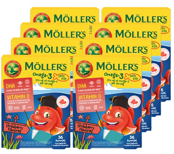 Moller’s ® | Omega 3 Capsules for Children | Natural Fish Oil Omega 3 Fish Oil for Kids | with DHA and EPA, No Gluten, Lactose or Added Sugar & Easy to Chew | Strawberry Flavor | 8 Pack - 288 Capsules
