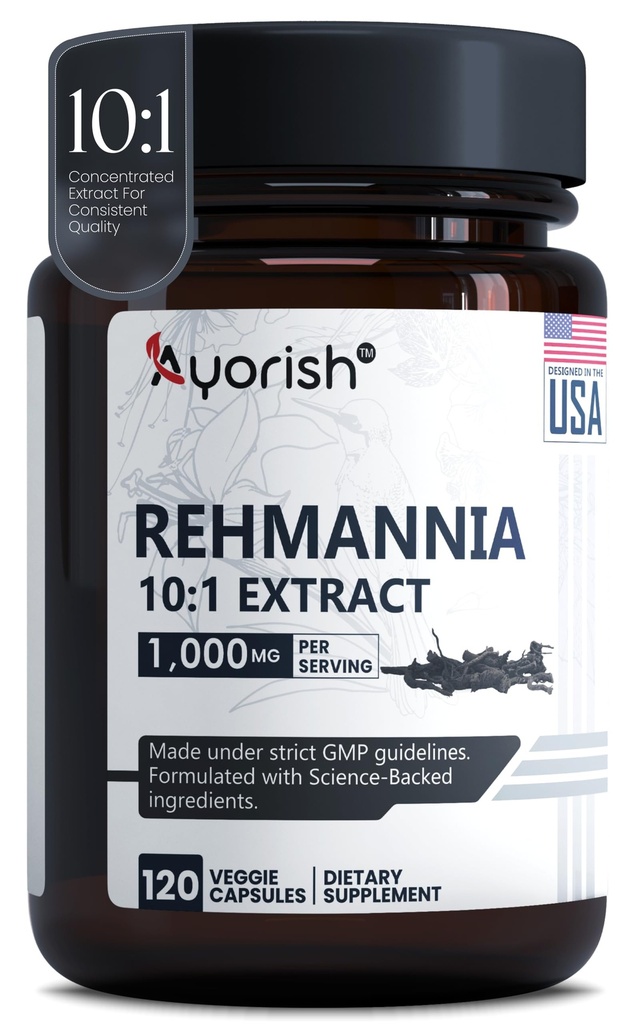 Rehmannia Capsules 1000mg 120 Count Rehmannia Root Extract 10:1 Herbal Supplement Kidney Support Urinary Tract Support Botanical Capsules Vegan Non GMO