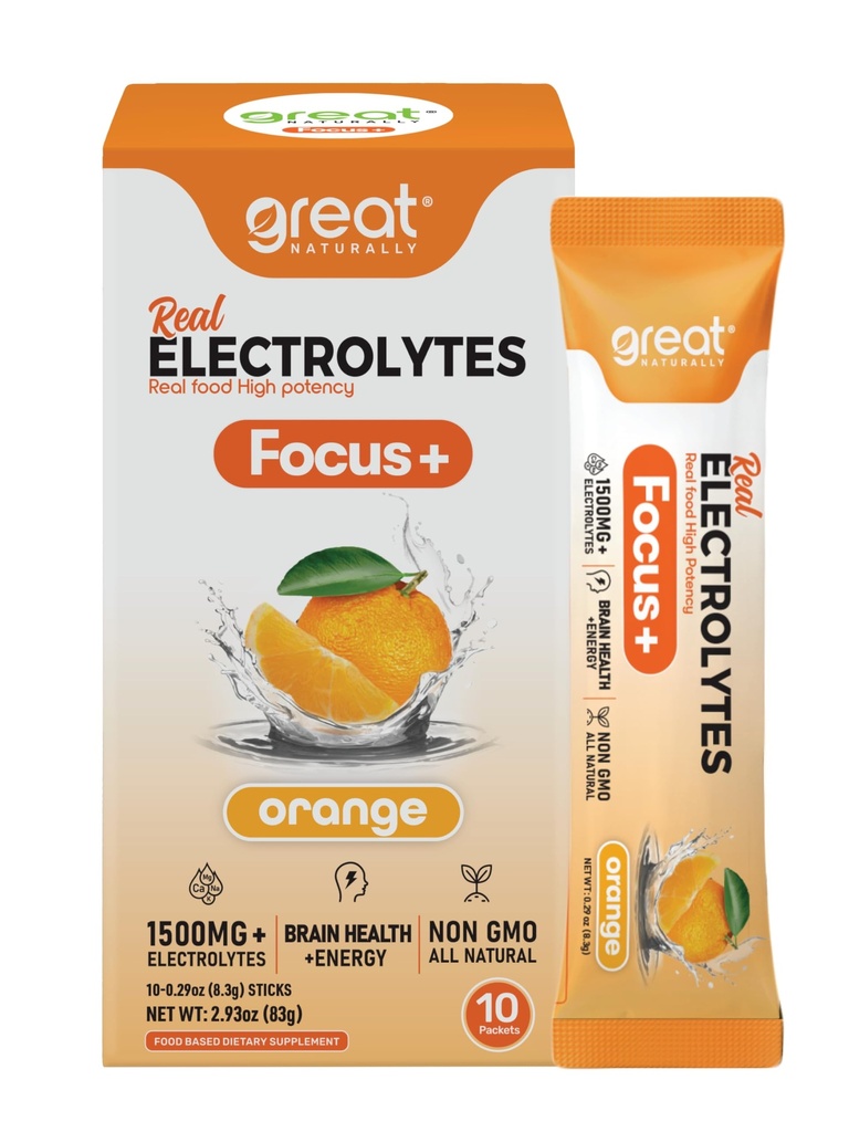 Focus+ Nootropic Electrolyte: Hydration & Brain Support for Cognitive Enhancement, Memory, Concentration - Citicoline, Organic Caffeine, Methyl B12 - USA Made (10 Packets) (10 Packets, Orange)