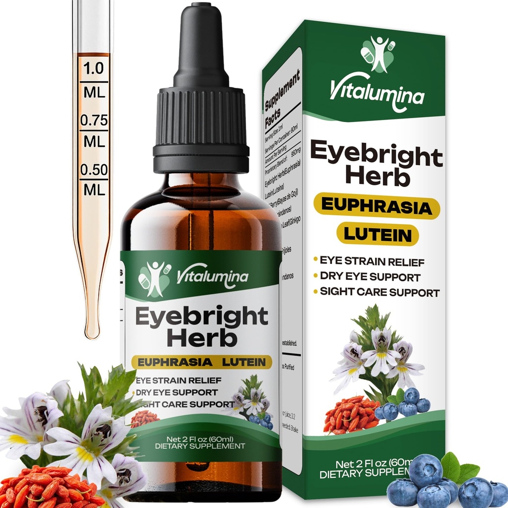 Eyebright Herbal Liquid with Organic Euphrasia, Lutein, Bilberry, Blueberry & Goji – Plant-Based Vegan Supplement for Adults – 2 fl oz