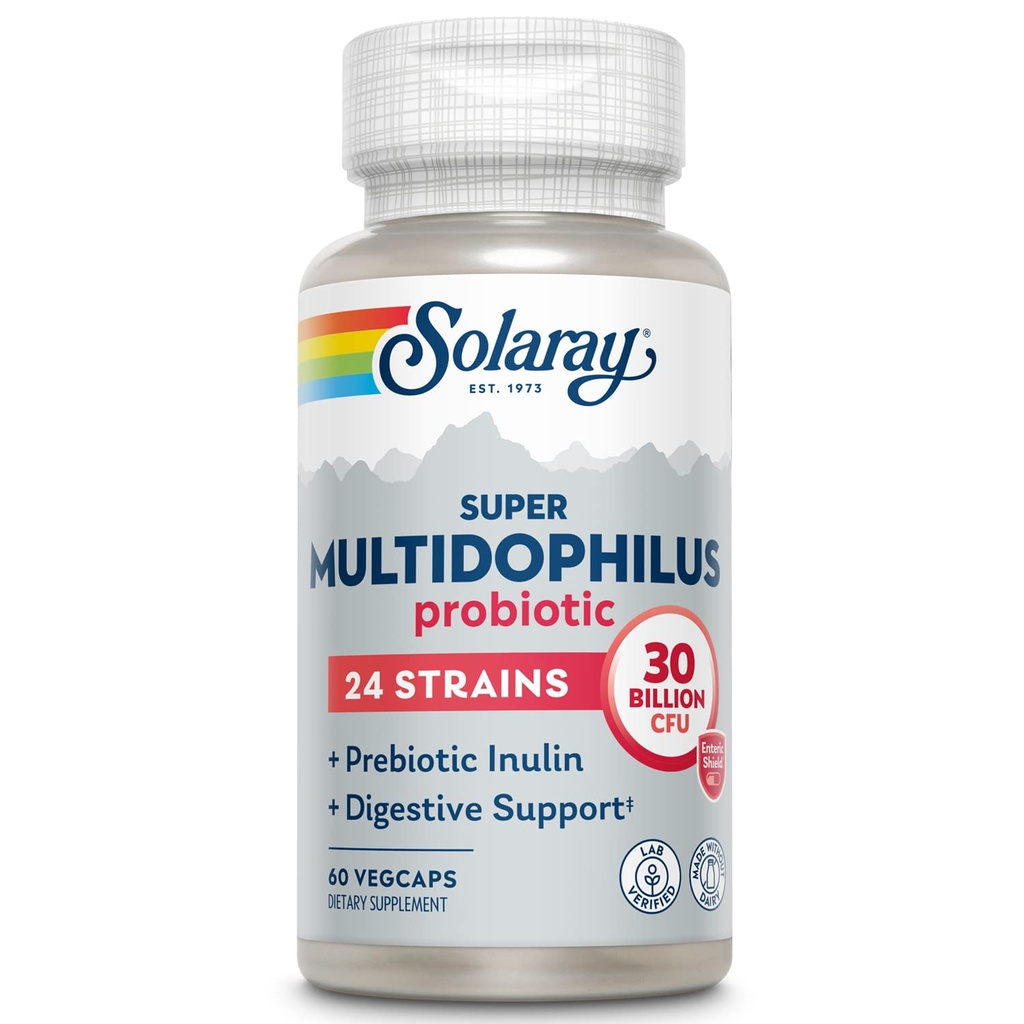 SOLARAY Multidophilus 24 Strain Probiotic 30 Billion CFU, Probiotics for Digestive Health for Women and Men, Daily Gut Health Support Complex with Prebiotic Inulin, No Dairy 60 VegCaps