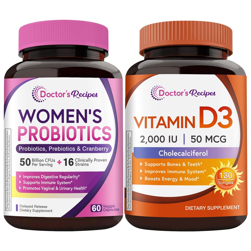 Doctor's Recipes Women’s Probiotic & D3 2000IU Bundle, Digestive, Vaginal & Urinary Health, Immune Health, Energy & Mood Support, Delayed Release Probiotic Capsules 60ct & D3 Softgels 120 ct