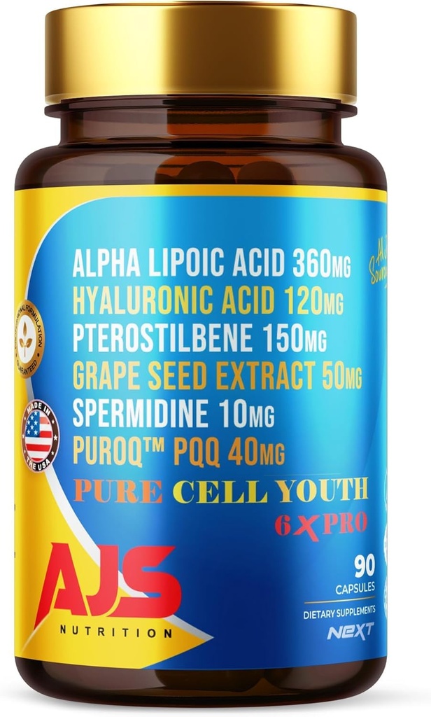 AJS Pure Cell Youth 6X PRO, 90 Capsules -PQQ 40mg, R-Lipoic Acid 360mg, Sodium Hyaluronate 120mg, Pterostilbene 150mg, Grape Seed Extract 50mg, Spermidine 10mg (90Count(Pack of 3))