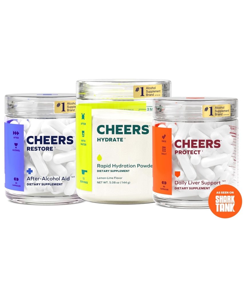 Cheers Super Combo | Restore + Protect + Hydrate | Feel Better After Drinking, Support Your Liver, & Rehydrate | DHM, L-Cysteine, Electrolytes | 12 Doses Restore & Hydrate, 30 Doses Protect