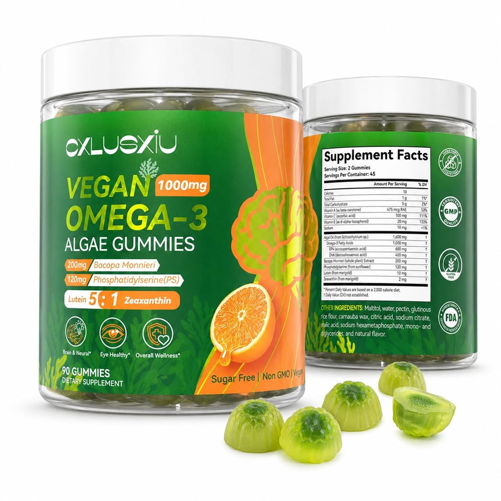 Omega 3 Gummies for Adults, Vegan Algae EPA DHA Fish Oil Alternative, Sweet Orange Dual Layer Chews with Lutein, Zeaxanthin, PS, Bacopa & Vitamins A C E, 90 Count