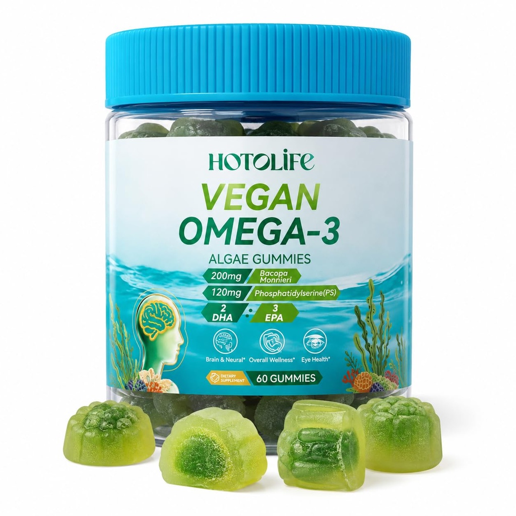 Omega 3 Gummies for Women Men Kids, 600mg Brain & Eye Support, Algae, 90Ct | Plant-Based Algae DHA EPA with Orange Flavor, Lutein, Zeaxanthin, Vitamins A C E, PS and Bacopa for 2-Gummy Daily Routine