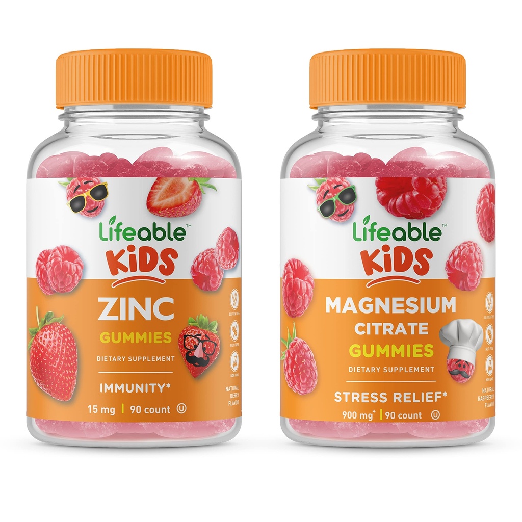 Lifeable Magnesium Kids + Zinc Kids, Gummies Bundle - Great Tasting, Vitamin Supplement, Gluten Free, GMO Free, Chewable Gummy