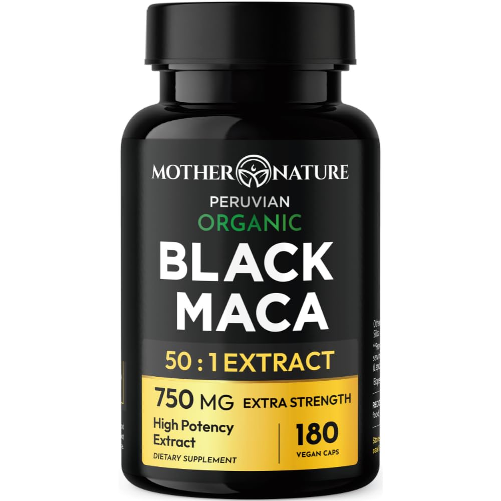 Black Maca Root 50:1 750mg – 180 Capsules Organic Peruvian Maca Peruana Supplement for Men | High Potency Energy, Mood & Performance Support | Vegan, Non-GMO