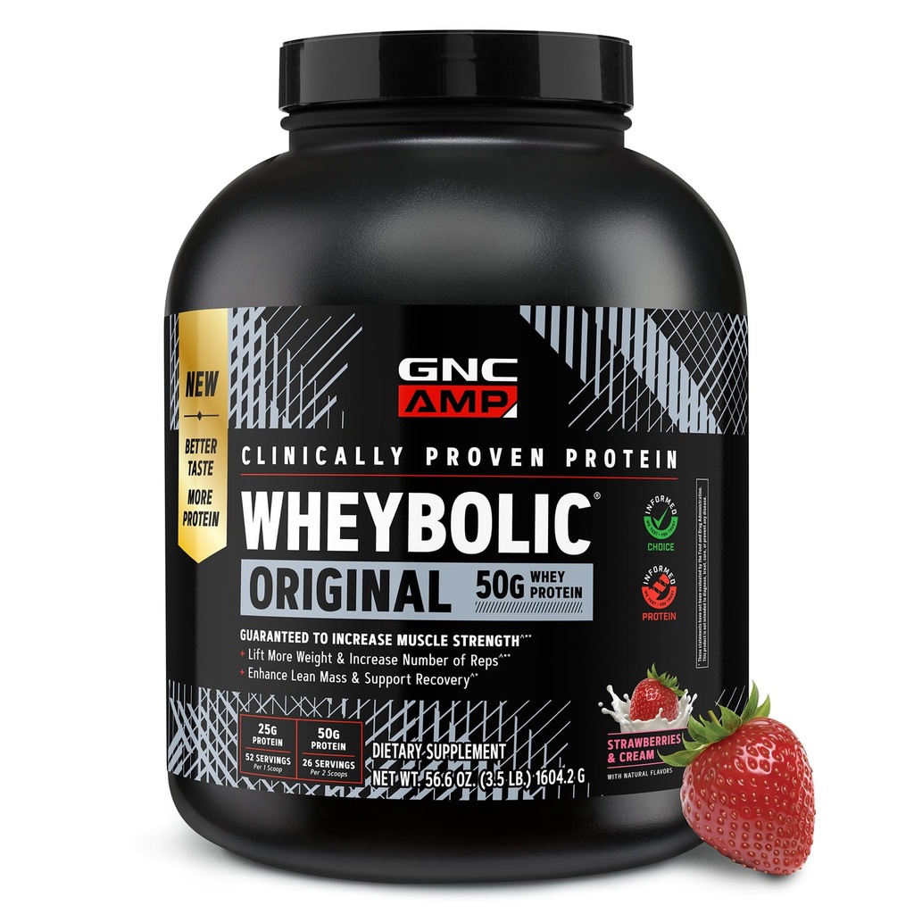 GNC AMP New Wheybolic- Clinically Studied Whey Protein Powder for Workout, Active Lifestyle- High Leucine Content- Smooth Mixing Drink Mix for Fitness Shake- Strawberries & Cream-56.6 Oz (26 Servings)