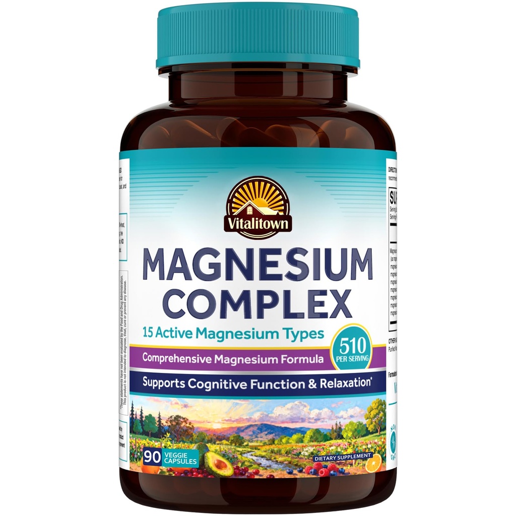 Vitalitown Magnesium Complex 510mg, 15-in-1 Glycinate, Citrate, Malate, Taurate & More, Natural Support for Bone, Heart and Cognitive Function, 90 Vegan Capsules