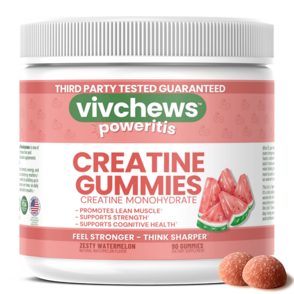Creatine Gummies for Women – Creatine Monohydrate, Supports Strength, Performance & Cognitive Function, Watermelon Flavor, Fruit Pectin Based, Vegan, Non-GMO, Gelatin-Free, 90 Count