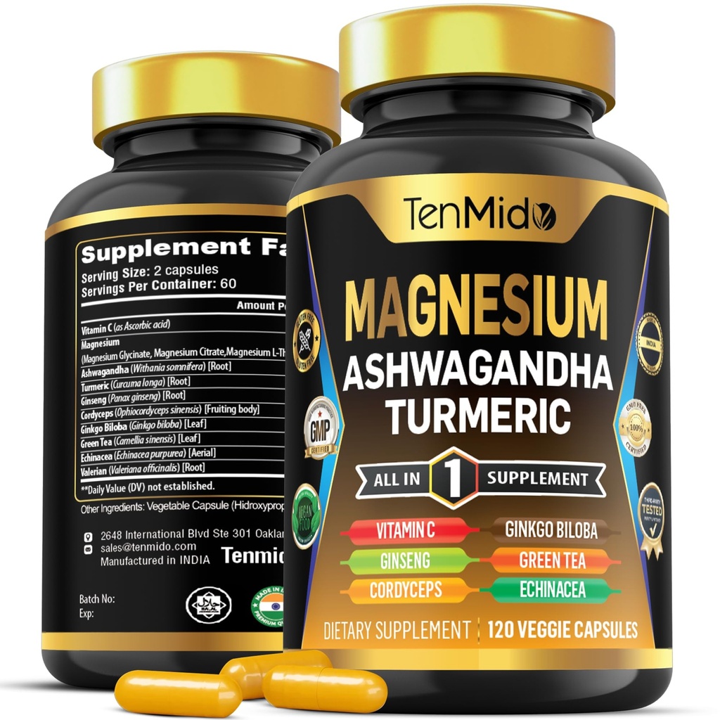 Magnesium Supplement -120 Capsules for 2 Months Supply - with Vitamin C, Ashwagandha, Turmeric, Panax Ginseng & More