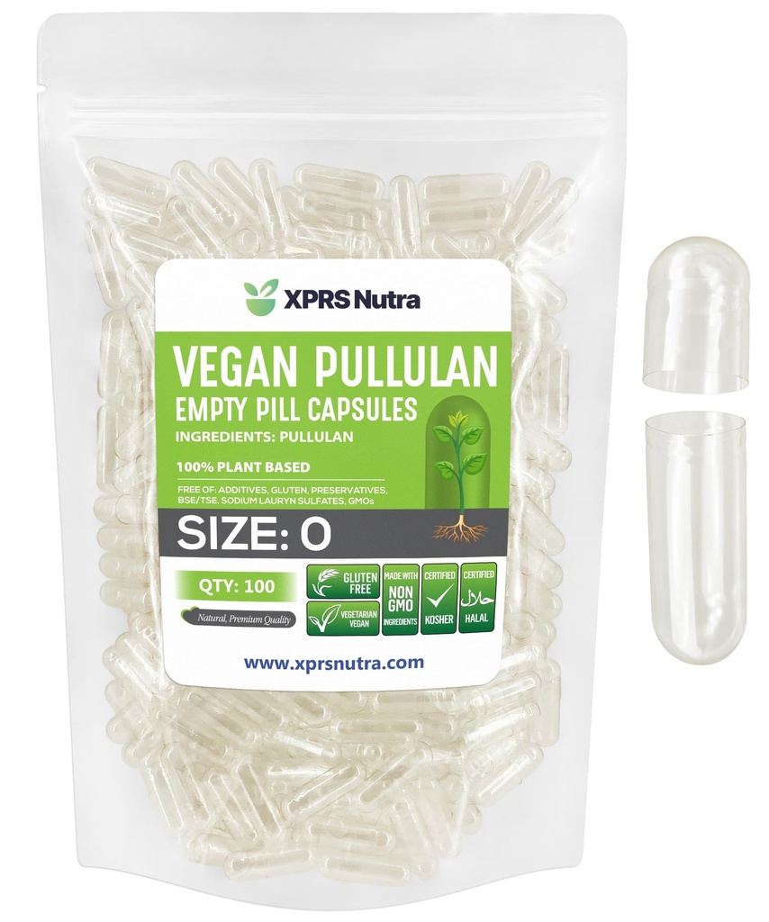 XPRS Nutra Size 0 Pullulan Empty Capsules - 100 Count Clean Label Plant Clear Empty Vegan Capsules - Premium Vegetarian Pills - Do-It-Yourself Vegetable Caps Filling
