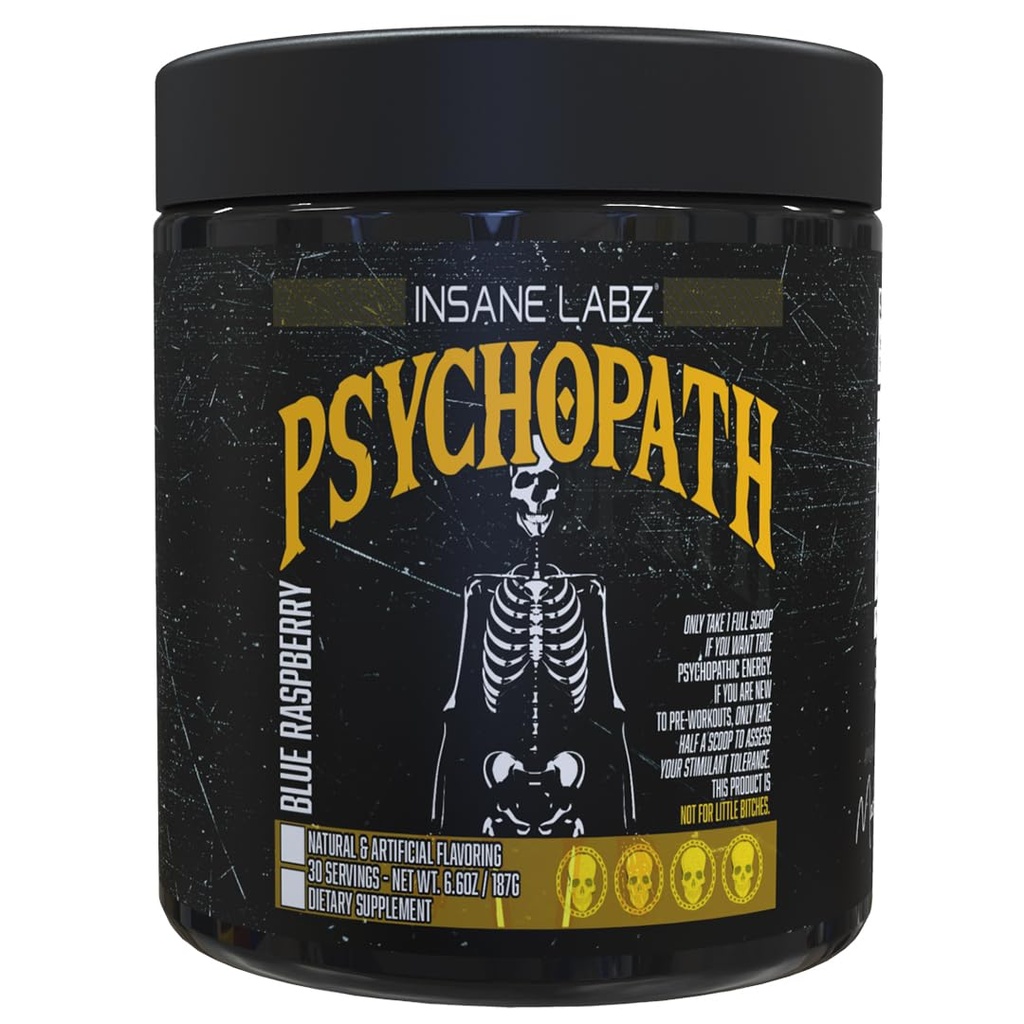 Psychopath, High Stimulant, Insane Energy, Focus and Endurance Preworkout Powder with Panax Ginseng, Rhodiola, Red Sage Root & Rauwolfia (30, Blue Raspberry)