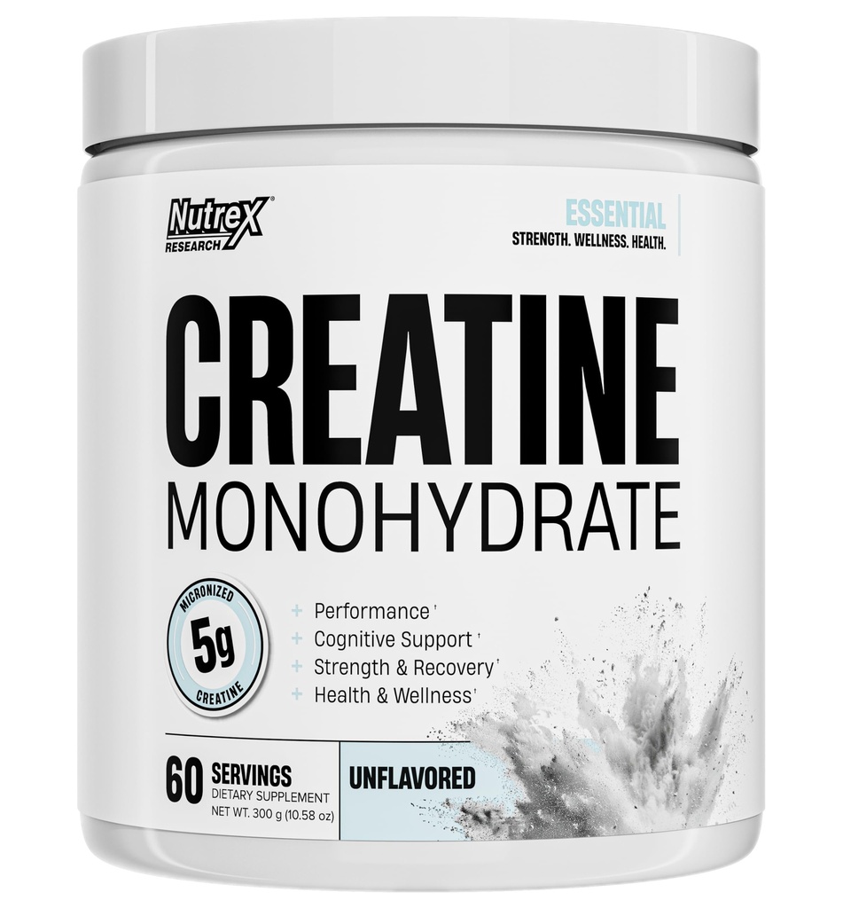 Nutrex Research Essentials Creatine Monohydrate Powder, 5g Micronized Creatine per Scoop, Unflavored, 60 Servings, Gluten Free, Supports Strength, Recovery, and Cognitive Function