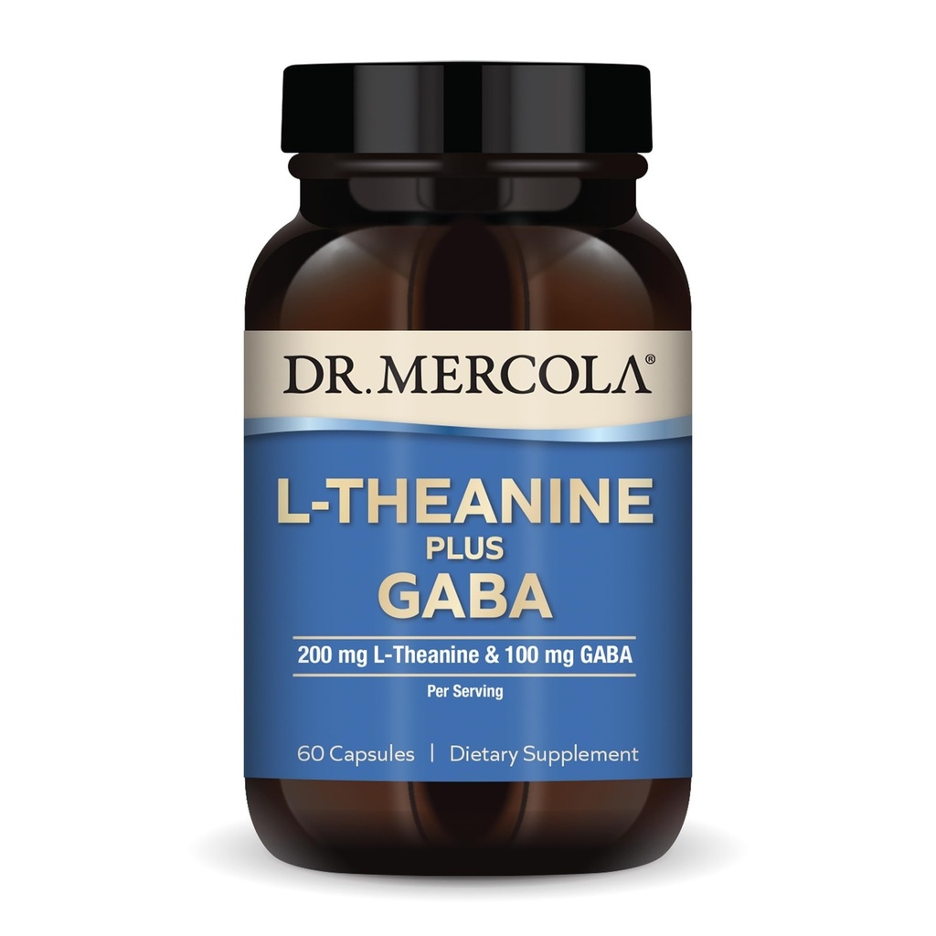 Dr. Mercola L-Theanine Plus GABA - Supports Relaxation - Focus & Cognitive Function - Stress Support Supplement - 200 mg L-Theanine - 100 mg GABA - 60 Capsules