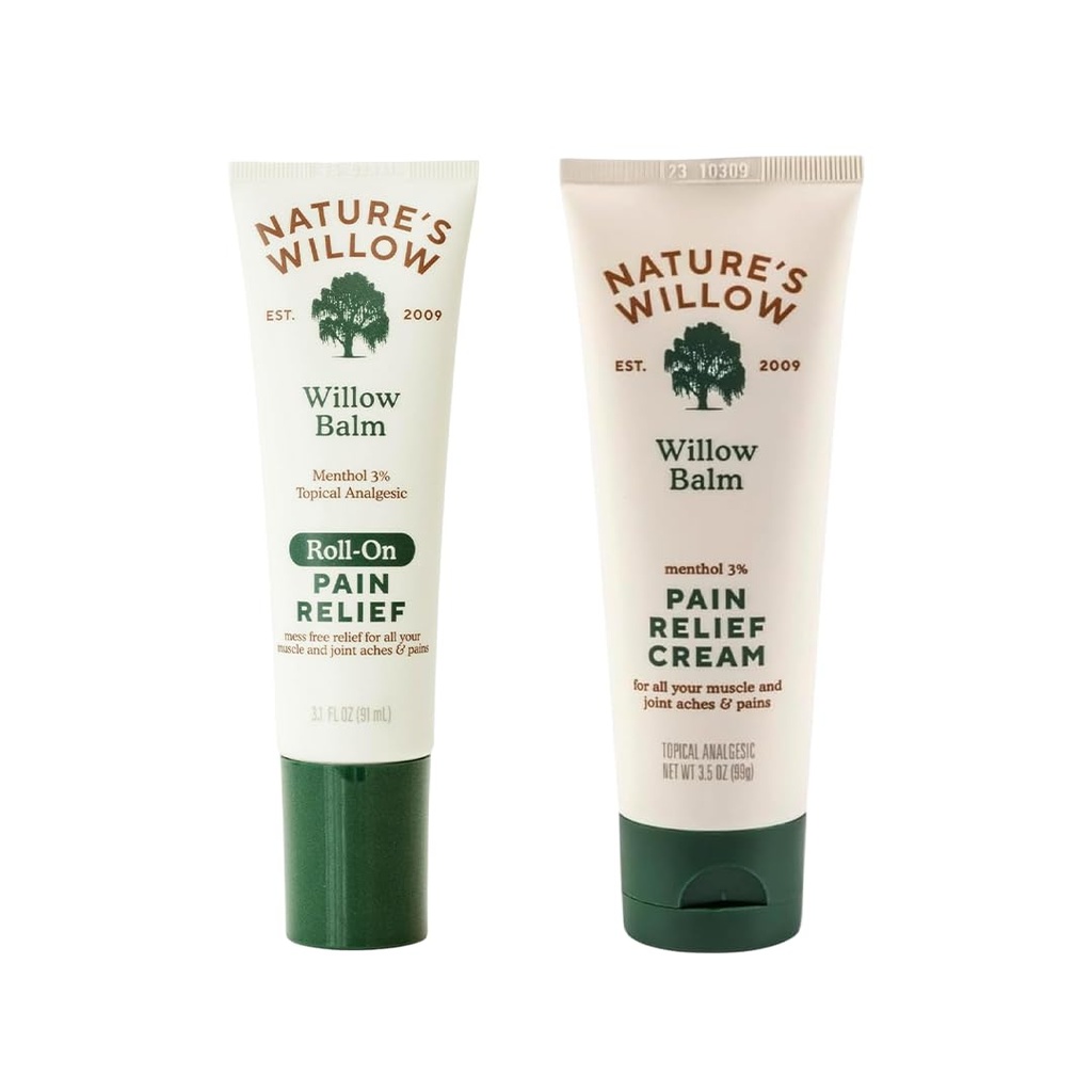 Nature's Willow Pain Relief Bundle – Roll-On (3.1 fl oz) + Balm Cream (3.5 fl oz) | Willow Bark & Menthol | for Muscles, Back, Neck, Knees & Joints | No Dyes or Artificial Fragrance