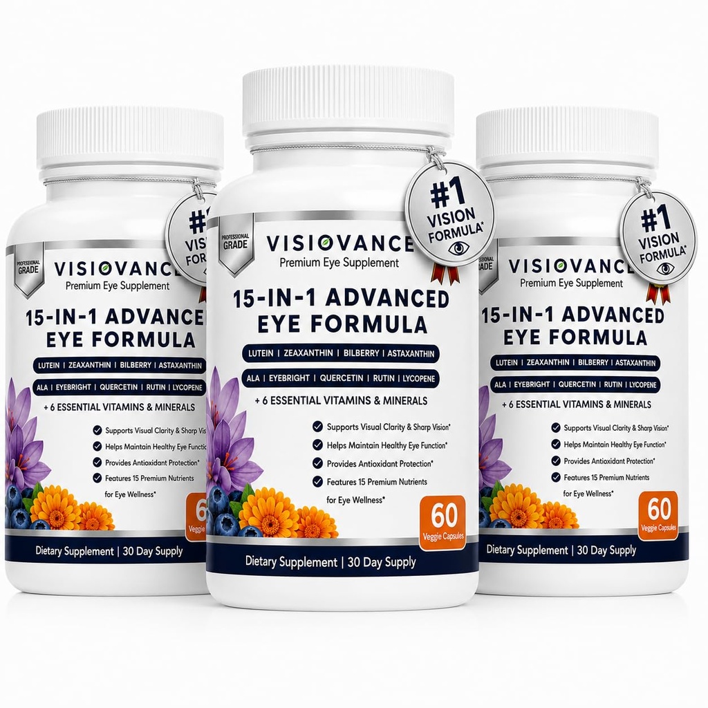 Visiovance 15 in 1 Advanced Eye Formula (3 Bottles) Visiovance Eye Formula | Digital Eye Strain & Night Driving Clarity, All 3 Carotenoids (Lutein, Zeaxanthin), Bilberry