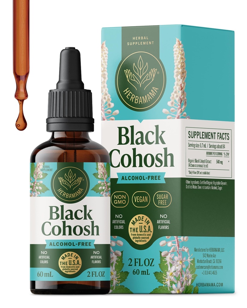 HERBAMAMA Black Cohosh Tincture - Menopause & Hormonal Support for Women | Black Cohosh Supplements Women • Non-GMO • Alcohol & Sugar-Free • Vegan • Liquid Formula • 84-Day Supply • 2 fl oz