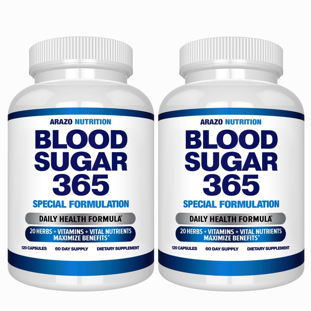 Arazo Nutrition Blood Sugar 365 Supplement – Supports Healthy Energy Levels - 120 Herbal Pills - 60 Day Supply (Pack of 2)