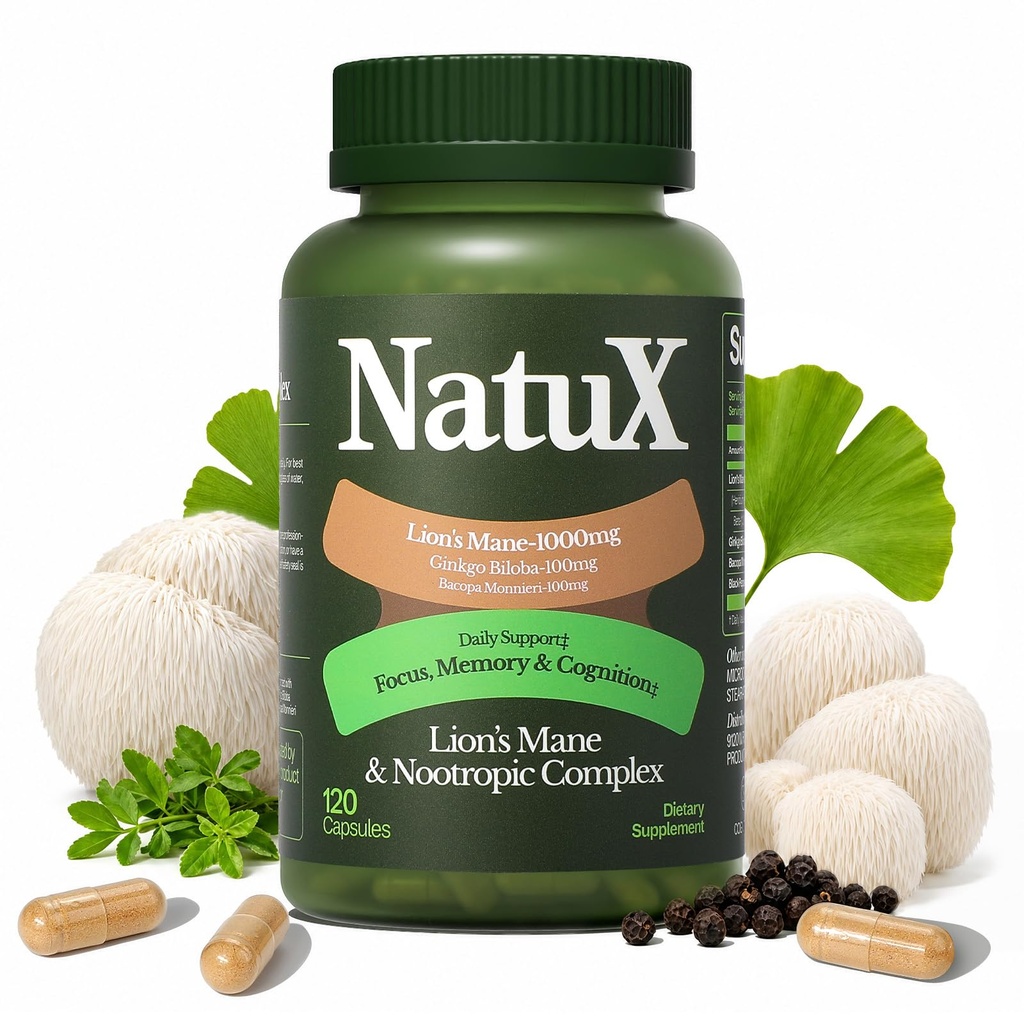 NatuX Lions Mane Supplement Capsules - Nootropic for Clarity Support- 120ct | 1210mg Brain Support Mushroom Supplement with Ginkgo Biloba & Bacopa Monnieri - Memory, Focus & Clarity - 30% Beta-Glucans