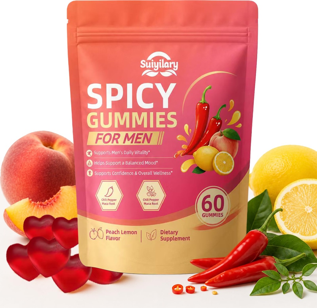Suiyilary Spicy Gummies Cubes for Couples, Adults Hot Peach Gummy with Chili Pepper, Muira Puama, Maca Root and Epimedium, Plant-Based Daily Wellness Support, Vegan, Non-GMO – 60 Gummies