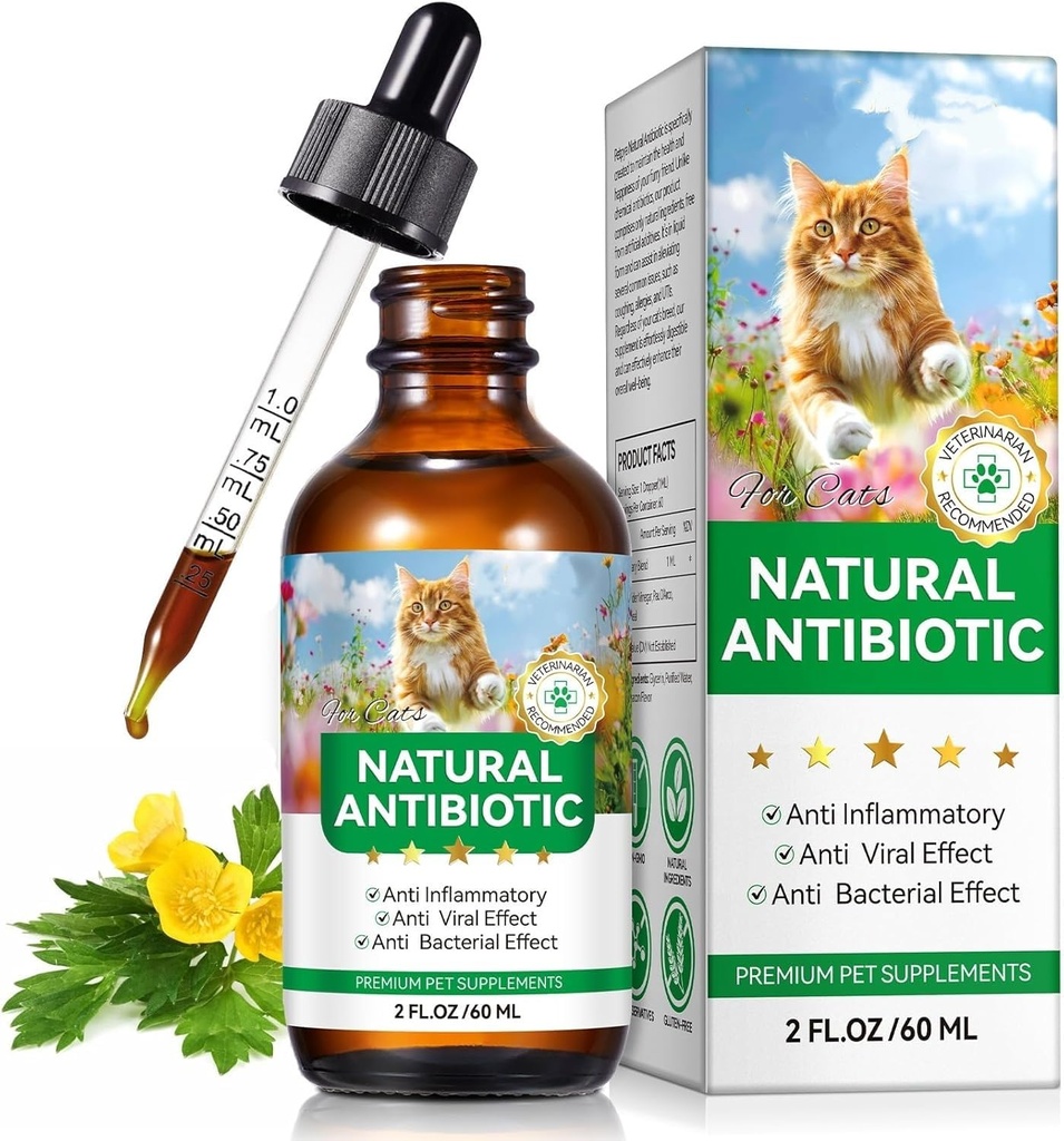 Antibiotics for Cats, Natural Antibiotics for Cats, Cat Antibiotics for Infection Supports Immune & Cats Allergy Relief, Cat Multivitamin UTI Drops Natural Supplement for All Ages & Breeds